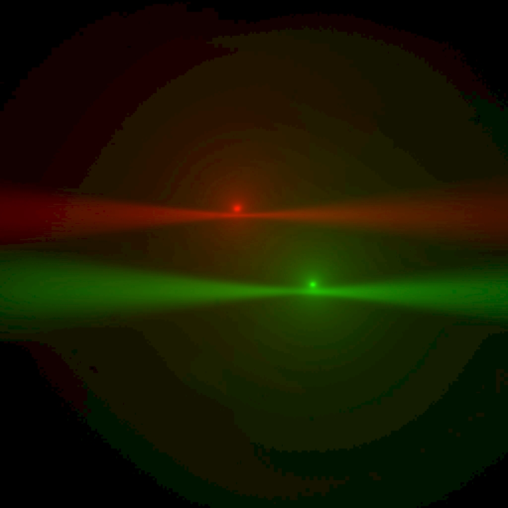 Now turn both beams on again and use the lateral objective adjuster to bring the red beam to the red spot and green beam to green spot. Notice when everything is in focus, the beam waist is near the epi-spot from the opposite-side beam. You can use this
effect to aid in co-focusing the objectives.