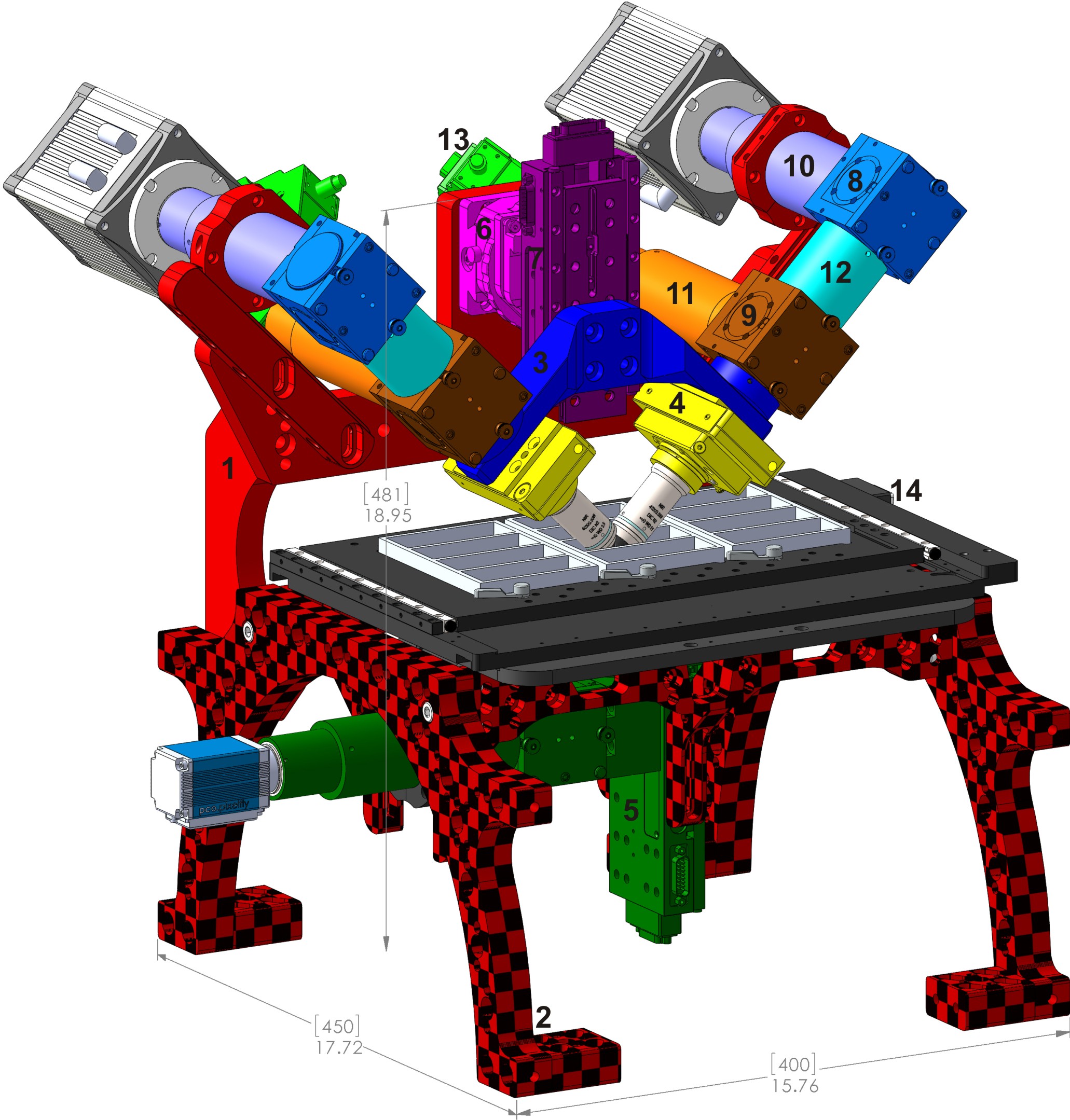  Typical complete diSPIM system on RAMM frame showing major components. 1) SPIM-MOUNT , 2) SPIM-RAMM , 3) SPIM arm mount (RAO-0046 ), 4) piezo objective mover APZOBJ-200 or similar, 5) MIM inverted microscope with LS-50M stage, 6) CDZ-1000 centering stage or CDZ-R block, 7) LS-50M stage, 8) MIM-CUBE-II w/ mirror, 9) MIM-CUBE-II w/ fluorescence filters, 10) C60-TUBE_B imaging tube lens, 11) C60-TUBE_160 scanner tube lens, 12) 50mm extension tube, 13) MM-SCAN_1M light sheet scanner, 14) MS-2500 XY stage.