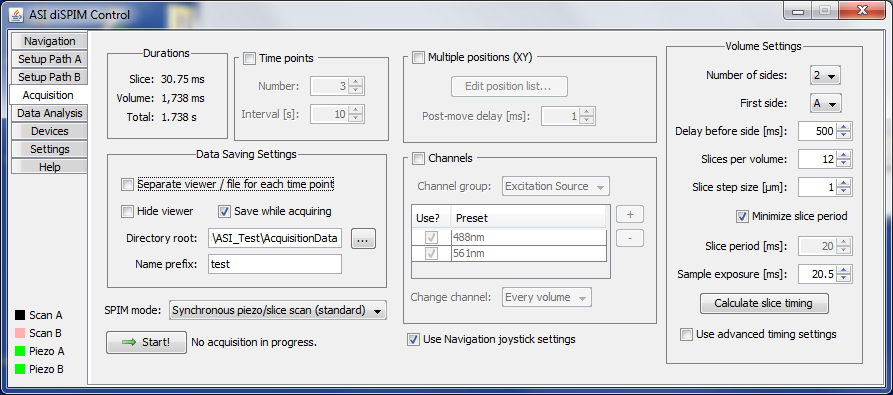 The acquisition tab of the diSPIM plugin with advanced timing settings disabled.