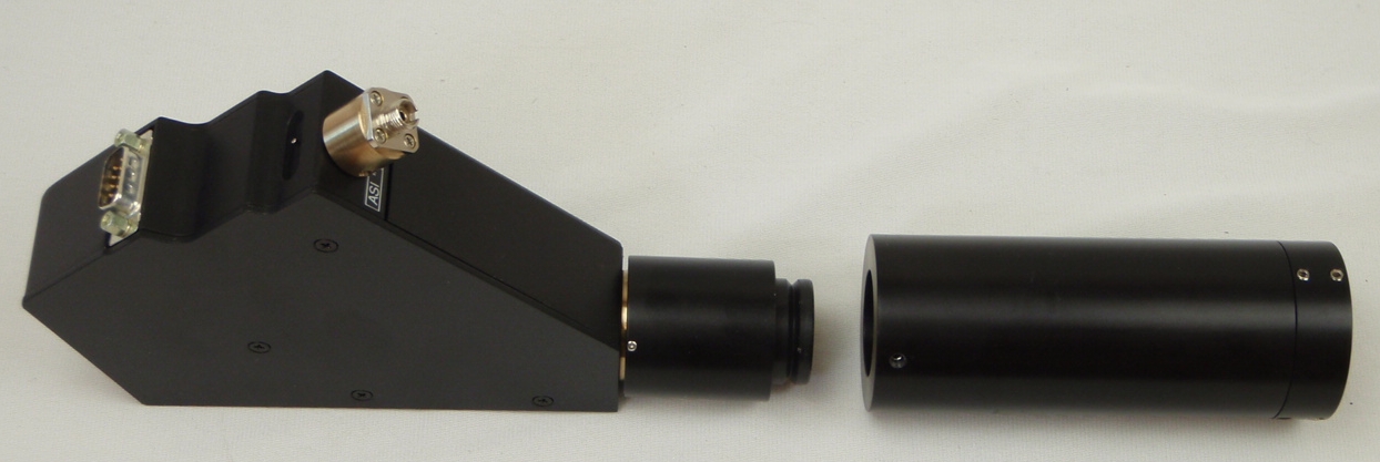 Scanner attached to C-mount adapter with tube lens assembly ready to be installed.