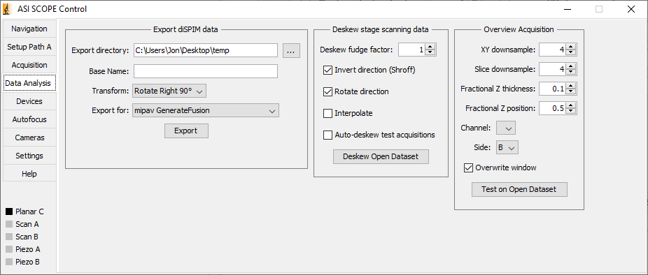  diSPIM plugin Data Analysis tab